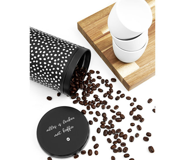 Koffieblik: Alles is leuker met koffie, zwart wit stippen
