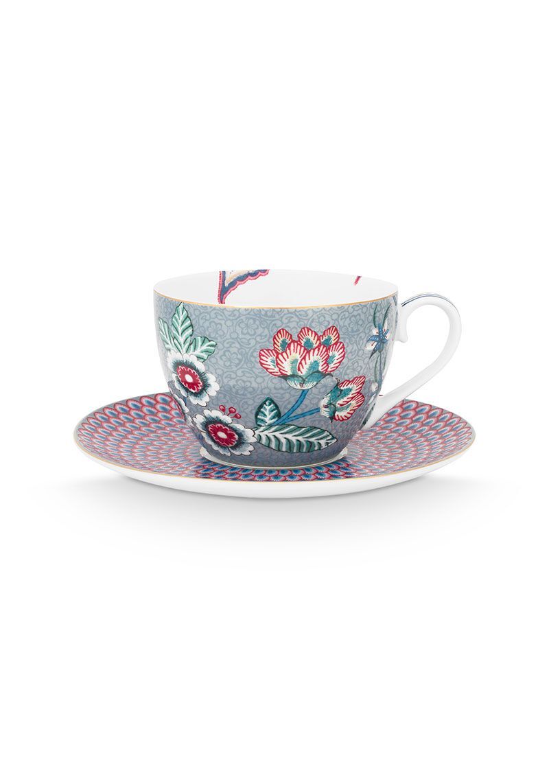Pip Studio - Flower Festival Lichtblauw, Cappuccino Kop & Schotel, 280ml