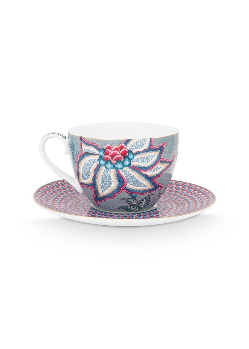 Pip Studio - Flower Festival Lichtblauw, Cappuccino Kop & Schotel, 280ml