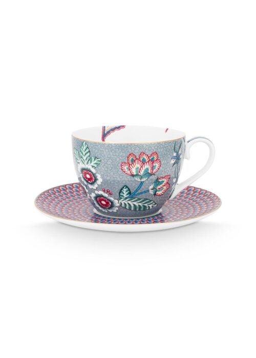 Pip Studio - Flower Festival Lichtblauw, Cappuccino Kop & Schotel, 280ml